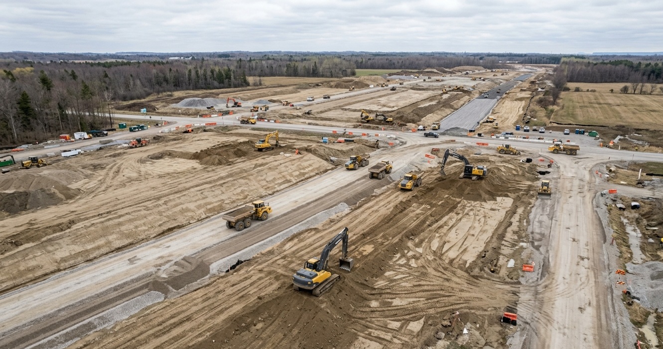 Aerial view of construction and infrastructure corridor in Ottawa–Gatineau